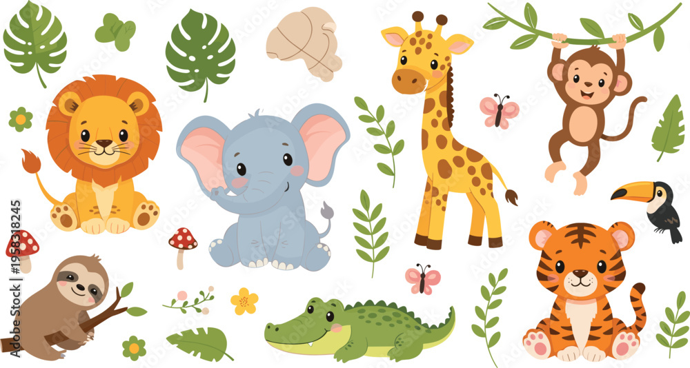 Naklejka premium Cute jungle animals illustration set with lion elephant giraffe monkey tiger crocodile sloth and tropical forest cartoon characters collection