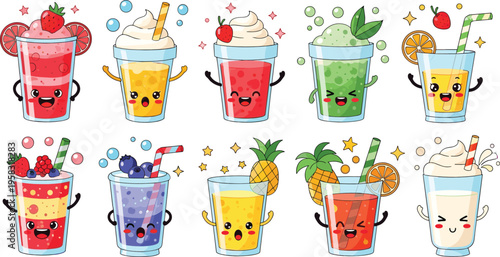 Cute smoothie and juice characters illustration set with fruit drinks milkshakes fresh beverages and kawaii cartoon refreshment collection