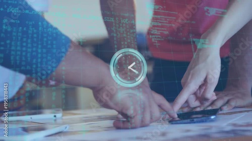 Animation of data processing and clock over diverse business people at meeting