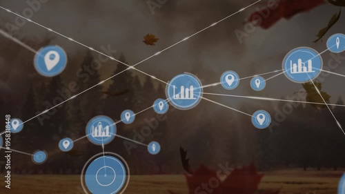 Animation of network of connections with icons over fall landscape