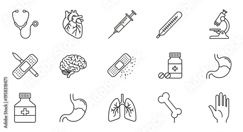 Diverse Medical Healthcare and Human Organ Outline Icons Set, isolated white background.