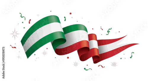 Green, White, Red Flag Waving with Confetti and Stars on White Background