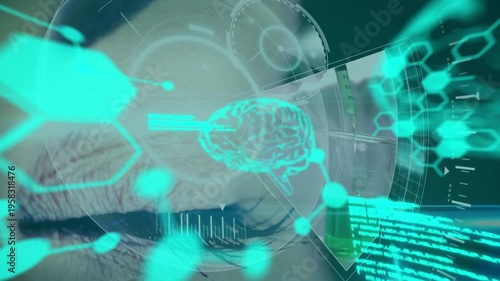 Animation of data processing and chemical formula over scope scanning and eye