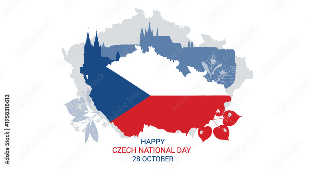 Fototapeta premium Happy Czech National Day 28 October - Czech Republic Map Flag and Landmarks