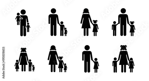 Collection of diverse family unit stick figure icons, depicting parents with one or multiple children, illustrating togetherness and care, isolated white background.