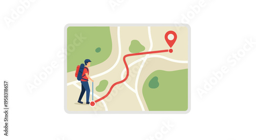 Hiker on map with route and destination pin, travel planning, adventure concept