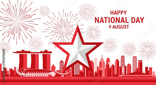 Happy National Day Singapore 9 August Celebration with Fireworks and Skyline