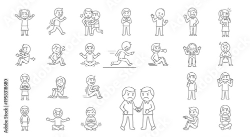 Collection of stick figure icons depicting various human emotions and actions such as happiness, anger, sadness, confusion, stretching, and interaction, isolated white background.