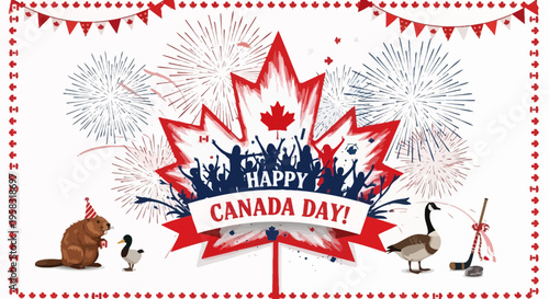 Happy Canada Day Celebration with Maple Leaf, Fireworks, and Silhouettes