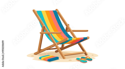 Colorful Striped Beach Chair with Flip-flops on Sand.