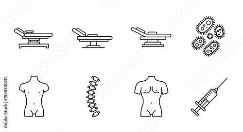 Diverse Set of Medical Equipment and Human Anatomy Line Art Icons on an Isolated White Background