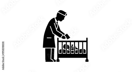 Caring Medical Professional Silhouette Leaning Over a Baby Crib in a Hospital Nursery on an Isolated White Background