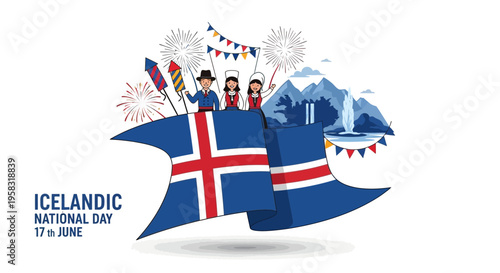 Icelandic National Day Celebration with Flag, Fireworks, and Landscape