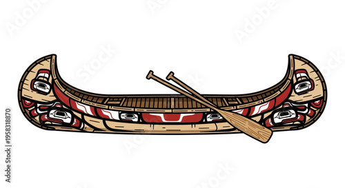 Indigenous Canoe with Paddles, Pacific Northwest Art Style, Vector Illustration