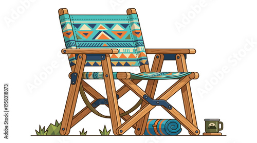 Colorful Tribal Patterned Folding Camp Chair with Accessories.