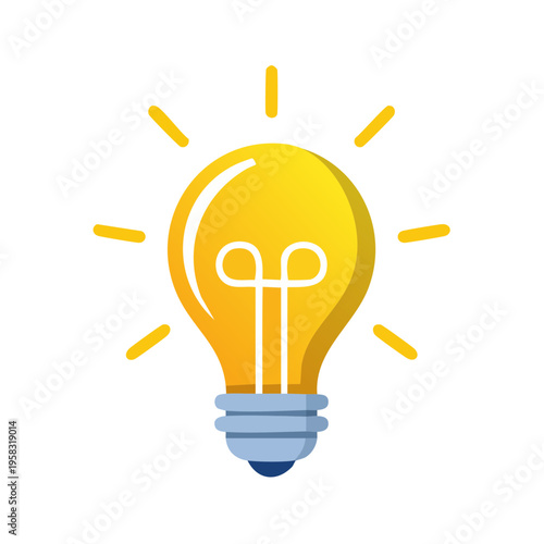 Bright yellow light bulb glowing with radiating lines signifying inspiration and new ideas.