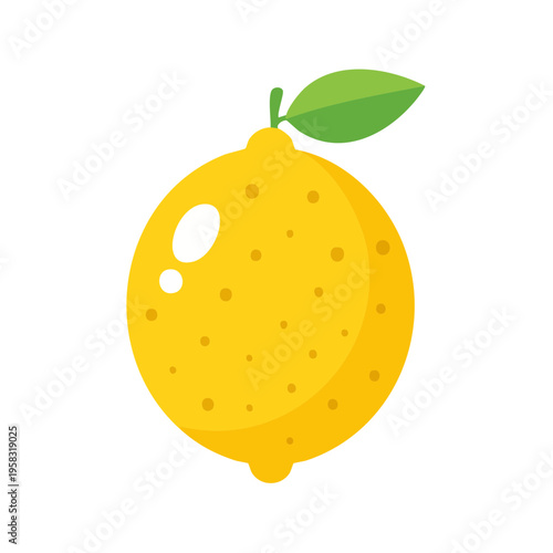 Bright yellow lemon with a green leaf and stem, simplified flat illustration