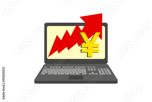 A laptop screen shows a growing financial chart with a Japanese Yen symbol, illustrating positive economic trends, online investment, and currency exchange
