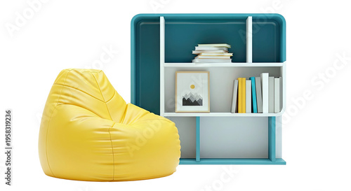 Yellow bean bag chair next to a modern bookshelf