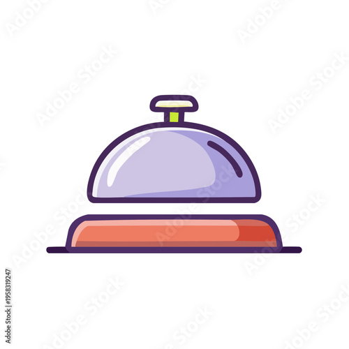 Stylized hotel reception desk bell illustration with purple dome and red base
