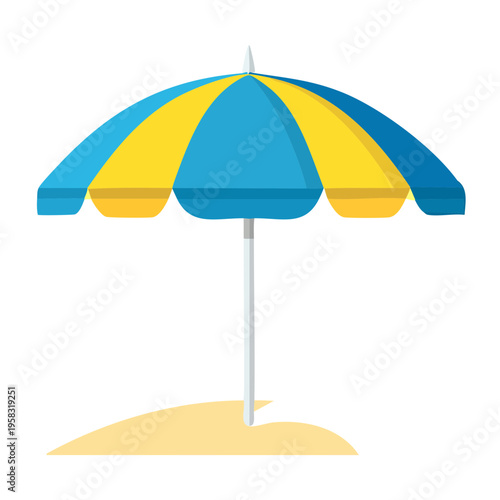 Bright yellow and blue beach umbrella providing shade on a sandy shore