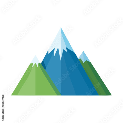Abstract geometric mountains with snow capped peaks and green foothills