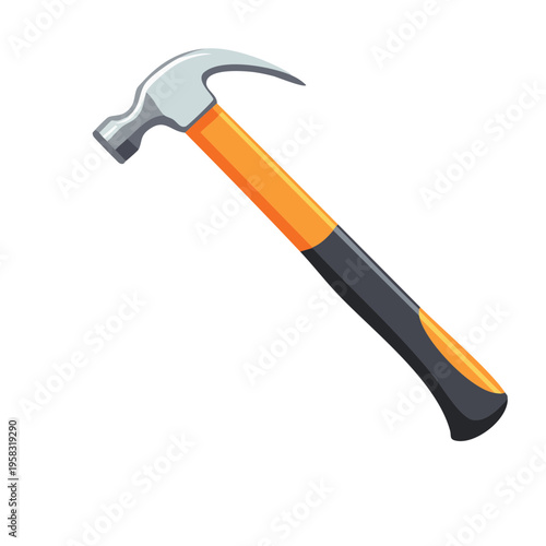 Illustration of a claw hammer with an orange and black handle and silver metal head