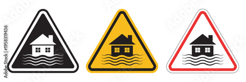 Flood disaster signs collection, flat silhouette icons, flood warning symbols, emergency response icons, water hazard pictograms