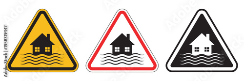 Flood disaster signs collection, flat silhouette icons, flood warning symbols, emergency response icons, water hazard pictograms