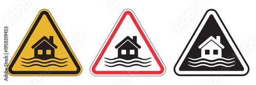Flood disaster signs collection, flat icons set, flood warning symbols, emergency emergency response, water hazard signs, silhouette style