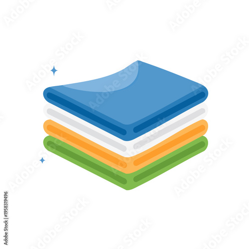Stack of Clean Folded Fabric Towels or Clothes in Blue White Orange and Green