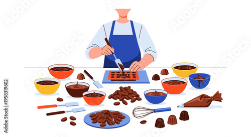 Confectioner meticulously crafting delicious chocolate treats with care.