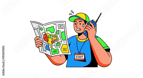 Confused Staff Member Holding Map and Radio.