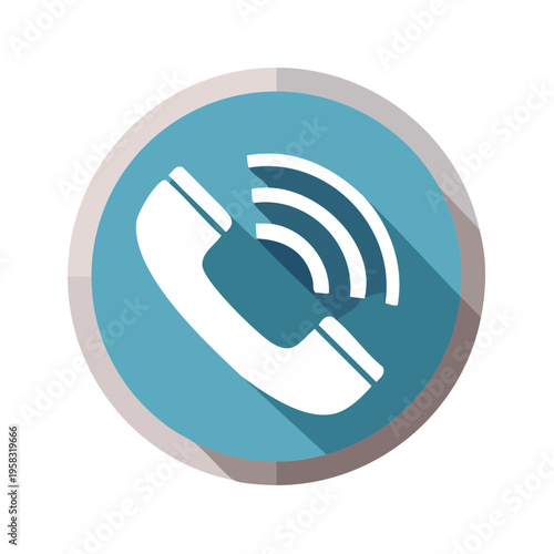 White telephone handset symbol with sound waves inside a blue circle with shadow
