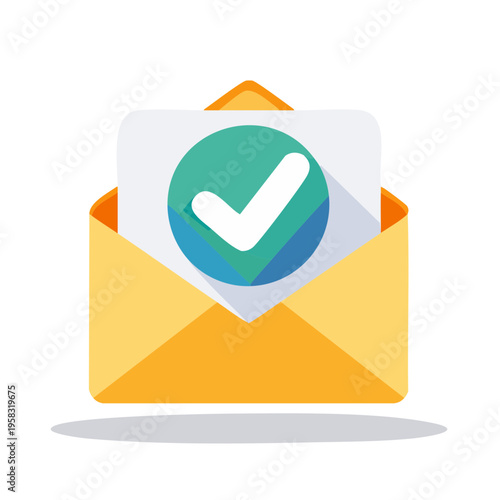 Open Envelope with Approved Check Mark Confirmation Symbol Inside Flat Design