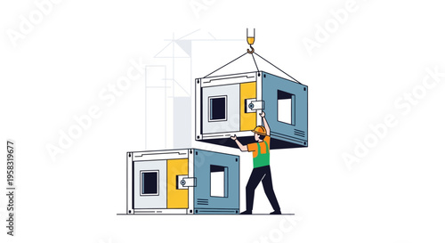 Construction Worker Assembling Modular Building Units.