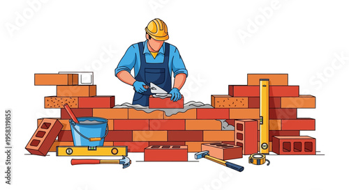 Construction worker building a brick wall with tools.