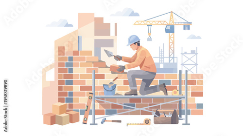 Construction worker building brick wall with tools and scaffolding.