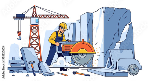 Construction worker cutting stone with circular saw machine.