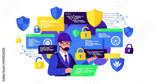 Cybersecurity expert working on laptop with digital security elements.