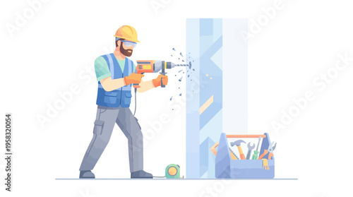 Construction worker drilling a hole in a wall with tools nearby.