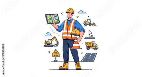 Construction worker holding tablet and safety equipment.