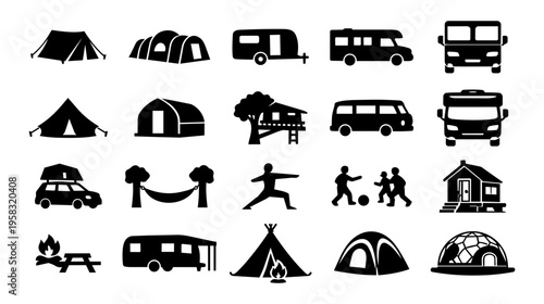 Camping Accommodation Silhouette Icon Set Tent Caravan Motorhome Glamping Campervan Treehouse Vector