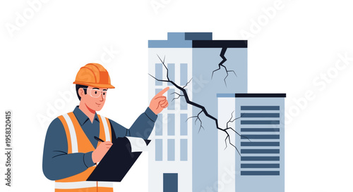 Construction worker inspecting damaged building with cracks.