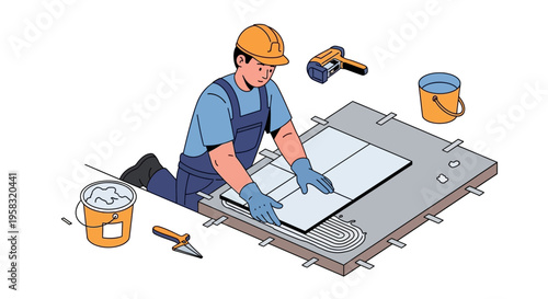 Construction worker installing tiles on a floor.