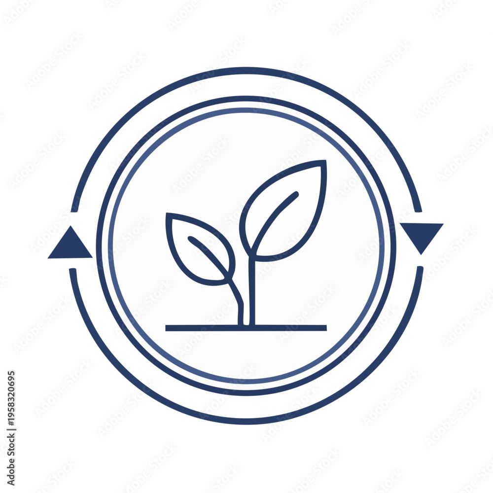 Fototapeta premium Circular icon representing growth and renewal with sprouting plant and arrows