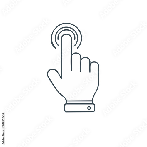 Line art illustration of a human hand pointing finger touching screen with concentric circles indicating action