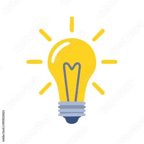 Bright yellow light bulb with glowing rays symbolizing ideas and innovation