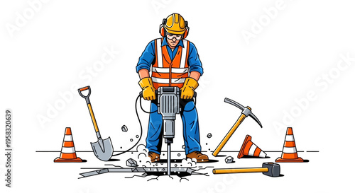 Construction worker operating a jackhammer on a road.