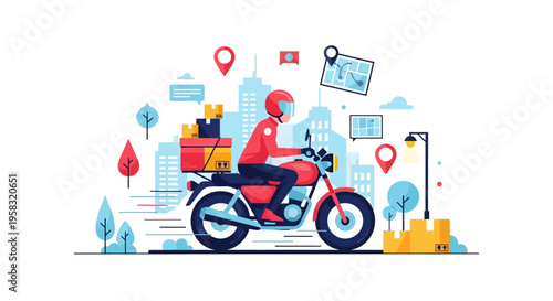 Delivery person riding a motorcycle with a red box.